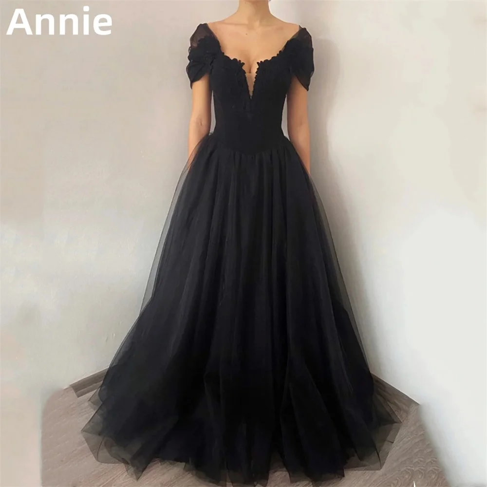 

Annie Black Embroidery Wedding Dress Tulle Corset Prom Dresses A-Line Bridal Wedding Party Dresses 2024 Vestidos De Fiesta