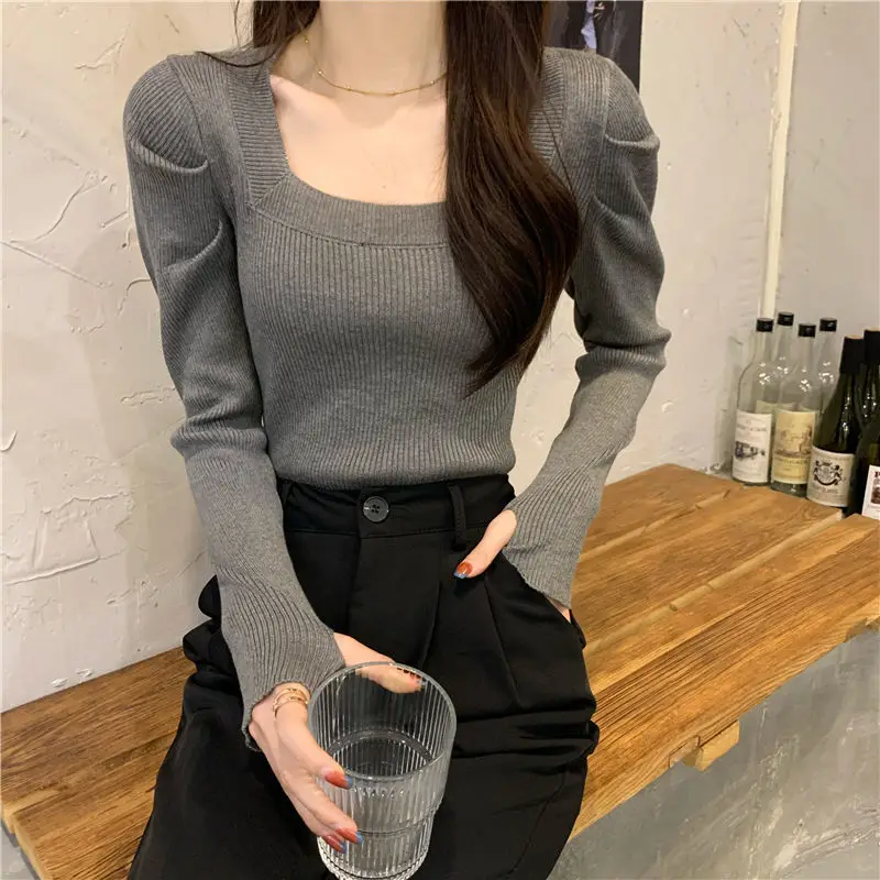 Pullovers Women French Style Inside Leisure Sweater Square Collar Crop Personal Puff Sleeve Elegant Sexy Sweet Mujer Slim Tender