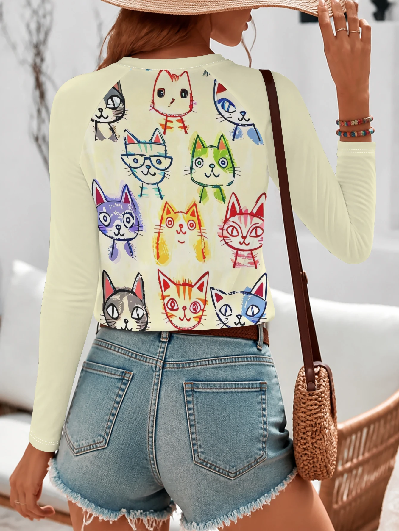 Women T‑shirt Cartoon Cat Doodle Print Raglan Long Sleeve Autumn Winter Casual Tee Top Women's Clothes