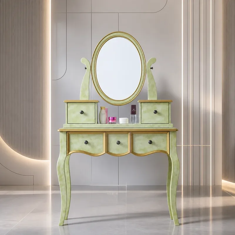 American Country Style Solid Wood Dresser Retro Green Small Makeup Table Desk Integrated Simple Bedroom Furniture