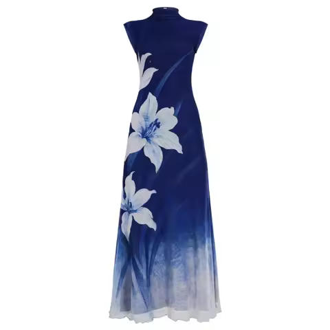 Women's Navy Blue Floral Print Maxi Dress Mock Neck Sleeveless Gradient Hem Elegant Evening Dress