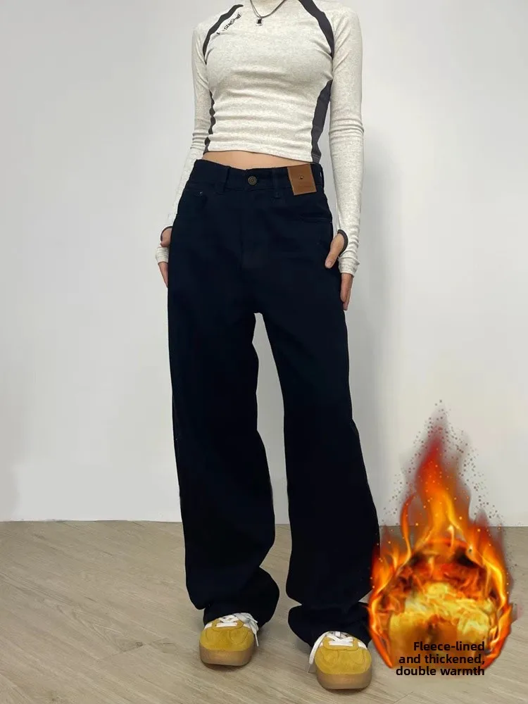 

Thiened Fce Bla джинсовые джинсы женские осенне-зимние большие размеры свободные прямые широкие брюки с эффектом похудения