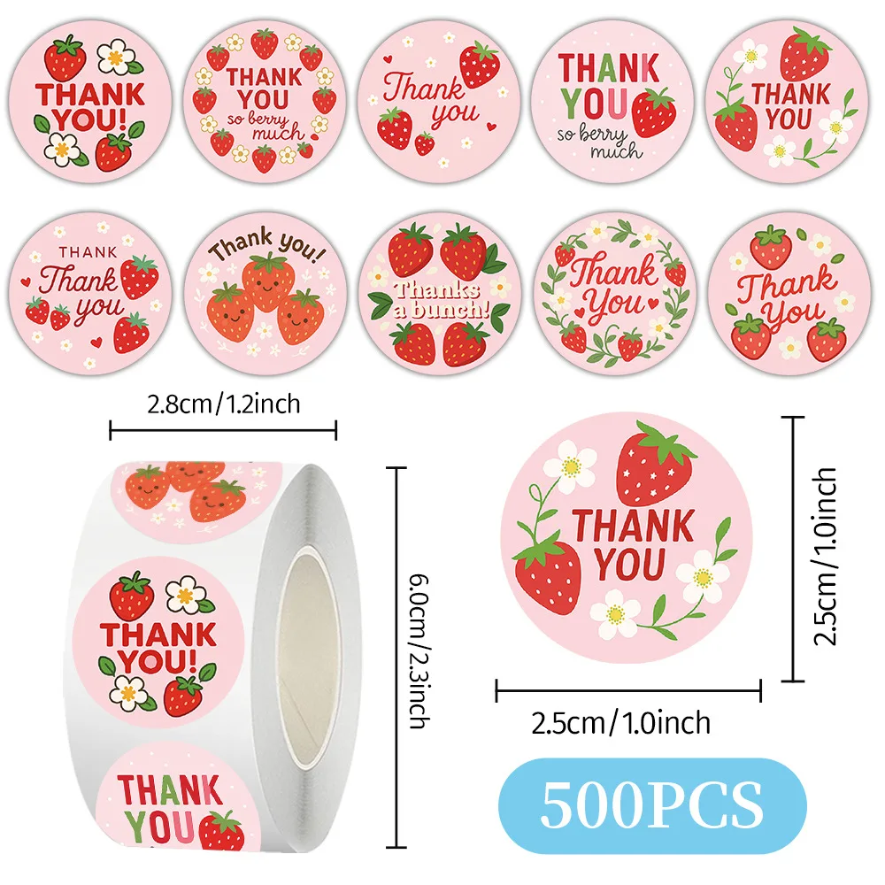 500 Stück/Rolle Erdbeer-Dankeschön-Aufkleber, selbstklebende Etiketten zum Selbermachen, Umschlag, Geschenk, Versiegelungsaufkleber, Geburtstagsparty, Cupcake-Dekoration