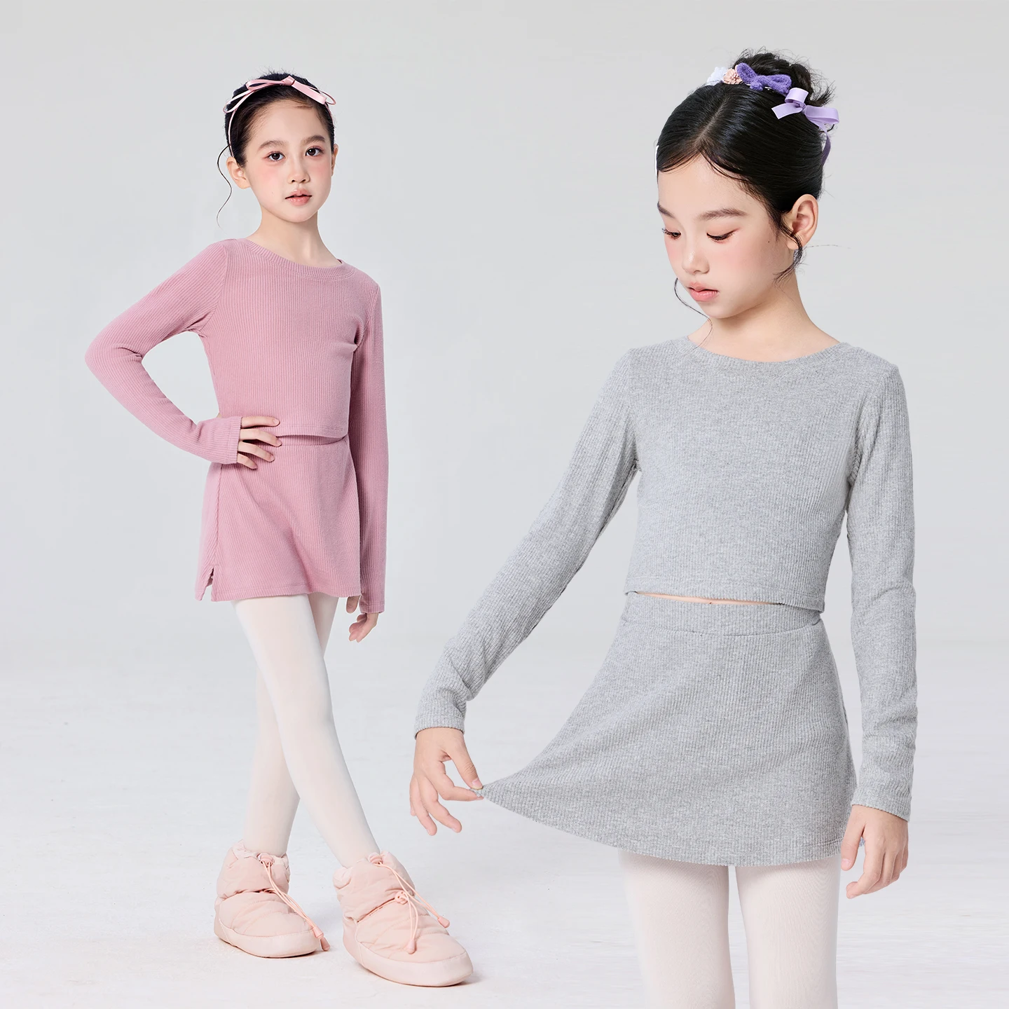 Girls Solid Color Dance Suit Children Long Sleeves Knit Pullovers with Skorts Kids O-neck Ballet Wear Sports Training Casual Set