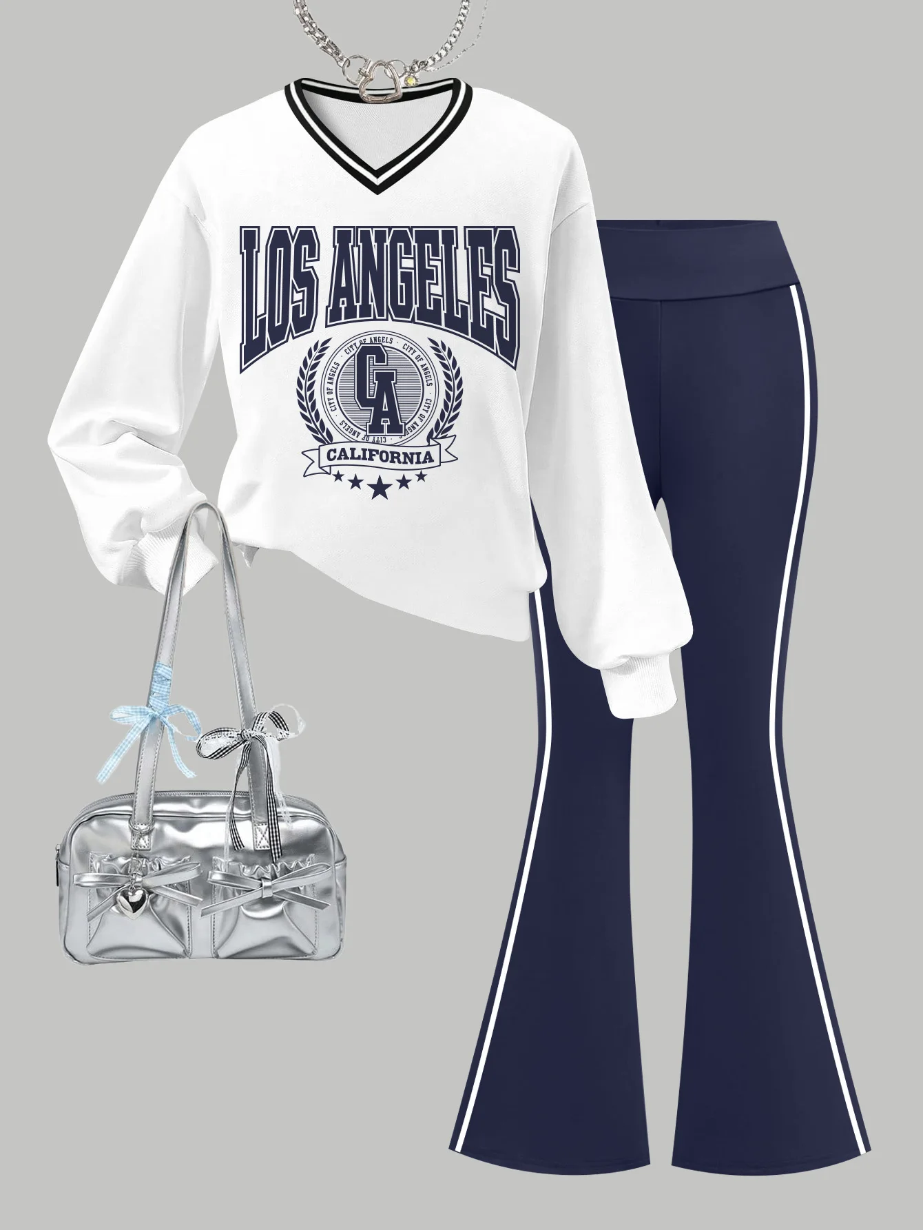 Girls' 2-Piece Sweatshirt Set Fashion V-Neck Letter Pattern Long Sleeve Sweatshirt High Waist Flared Yoga Pants Ensemble