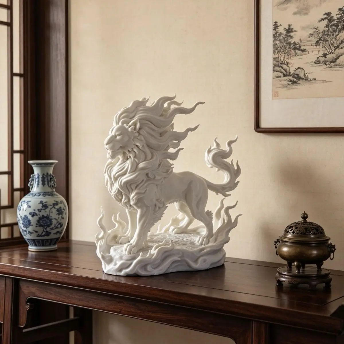 Flame Lion Ornament, Living Room, Entrance, Office, Town House, Wealth Attraction, Auspicious Beast Craft Decoration