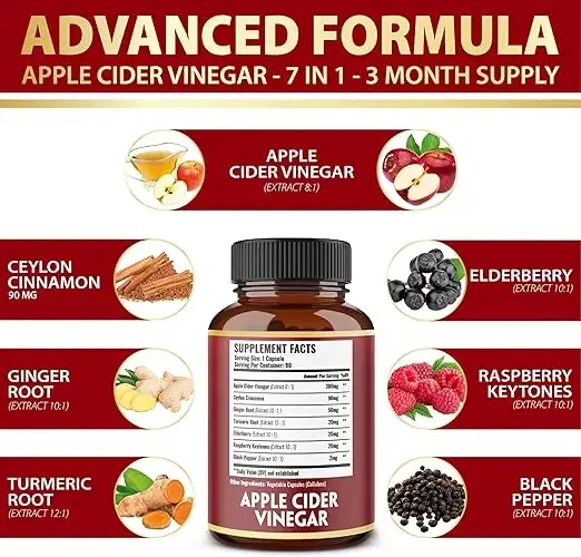 7-in-1Apple Vinegar Capsules-the best supplement for Ceylon cinnamon, ginger root, turmeric, elderberry, digestion, and immunity