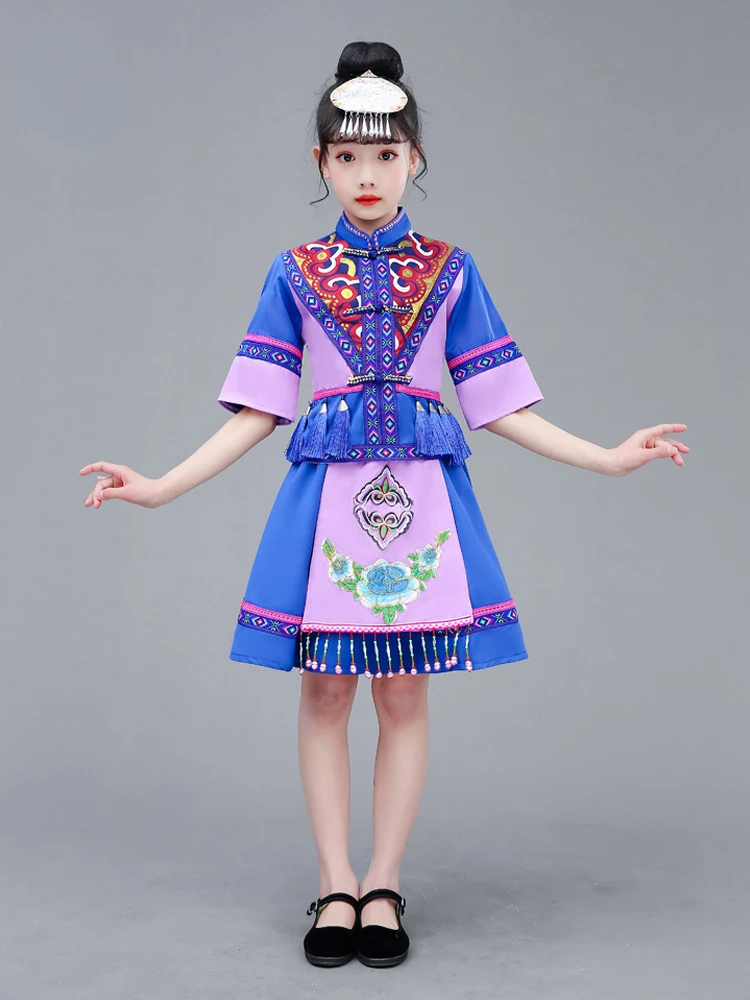 Children'sperformance dress Minority costumes Children Zhuang costumes Girl Tujia children's bamboo pole dance performance dress