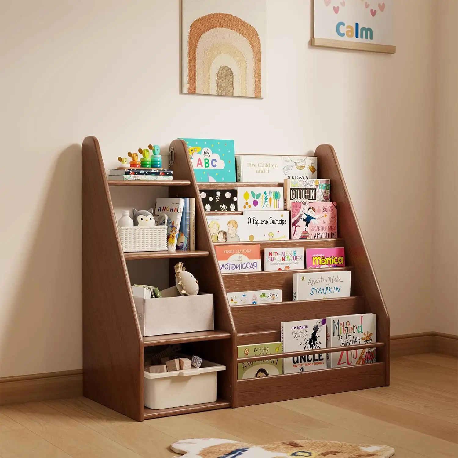 

7-Tier Solid Wood Kids Bookshelf, Rubberwood Book & Toy Storage, Anti-Tip, Safe for Toddlers