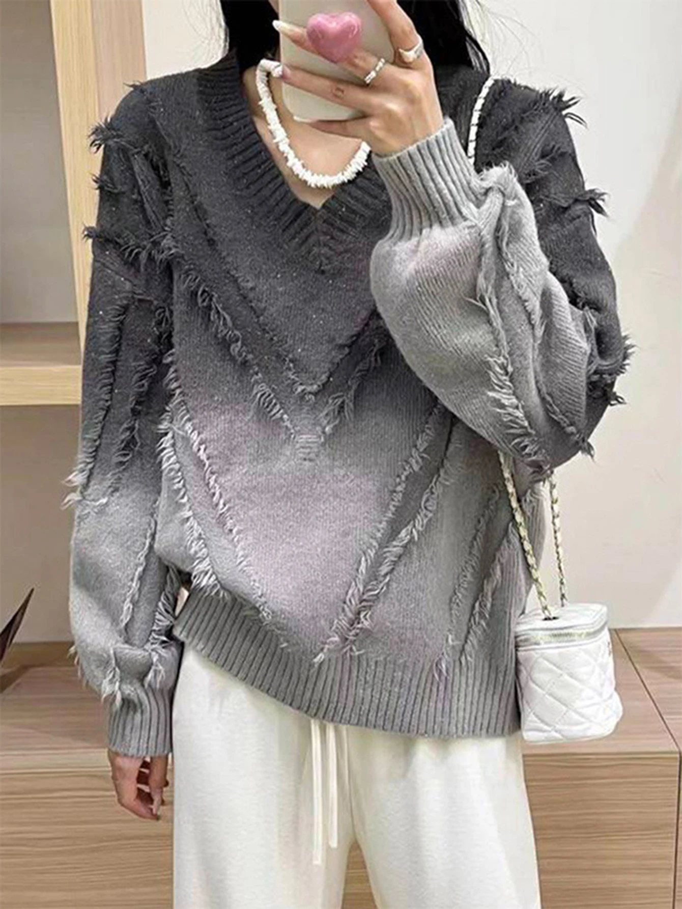 

Женский градиентный свитер с длинным рукавом и v-образным вырезом, осенне-зимняя мода, удобная повседневная одежда, повседневный топ со сложенным дизайном