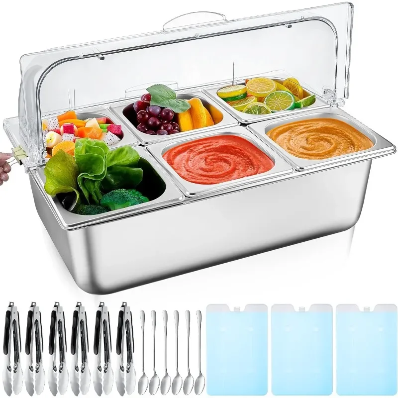 Ice Cooled Condiment Serving Container Stainless Steel Bar Caddy Dispenser with Lid, with 6 Pcs Clamps 6 Pcs Spoons