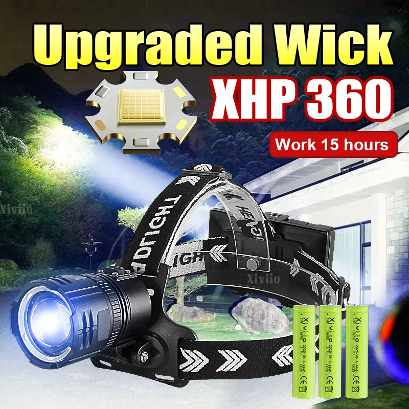 XHP360 Headlamp High Power Front Lantern Rechargeable Headlight 18650 Head Flashlight Camping Fishing Head Lantern