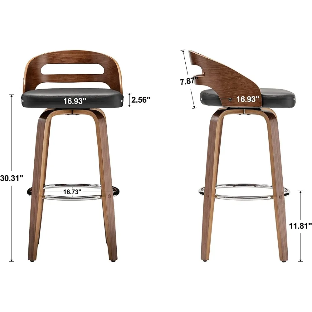 Kursi Bar Set Isi 2, Kursi Tinggi Bar Putar dengan Kayu Bentwood Walnut, Punggung Bawah, Kulit Imitasi Berlapis, Kursi Bantalan Lembut, Mid C