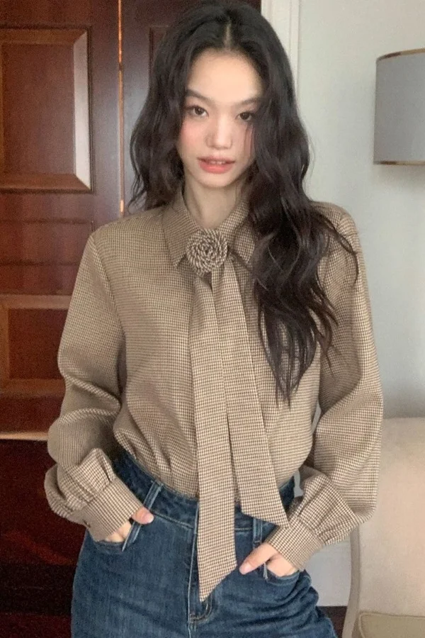 

Gagarich 2026, новая женская клетчатая рубашка с длинными рукавами в стиле ретро «Тысяча птиц», осенняя рубашка с цветочным ремешком, дизайн, повседневный топ