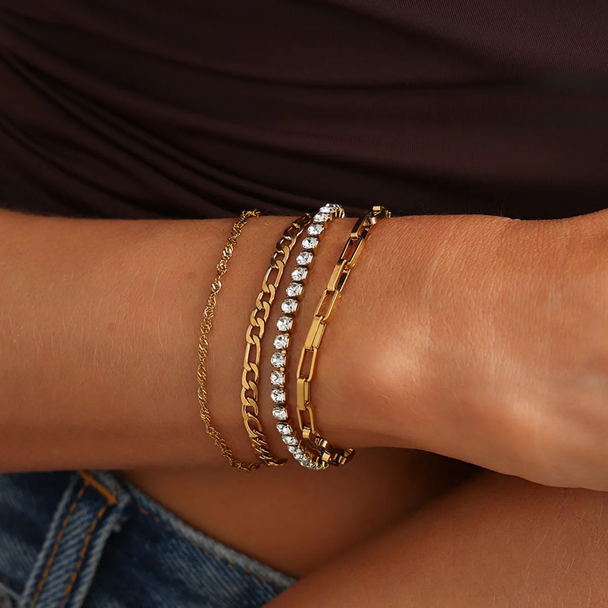 

Lacteo 4Pcs/Set Minimalist Classic Rhinestone Chain Bracelet for Women 2026 New Trendy Stainless Steel Stackable Bangle Jewelry