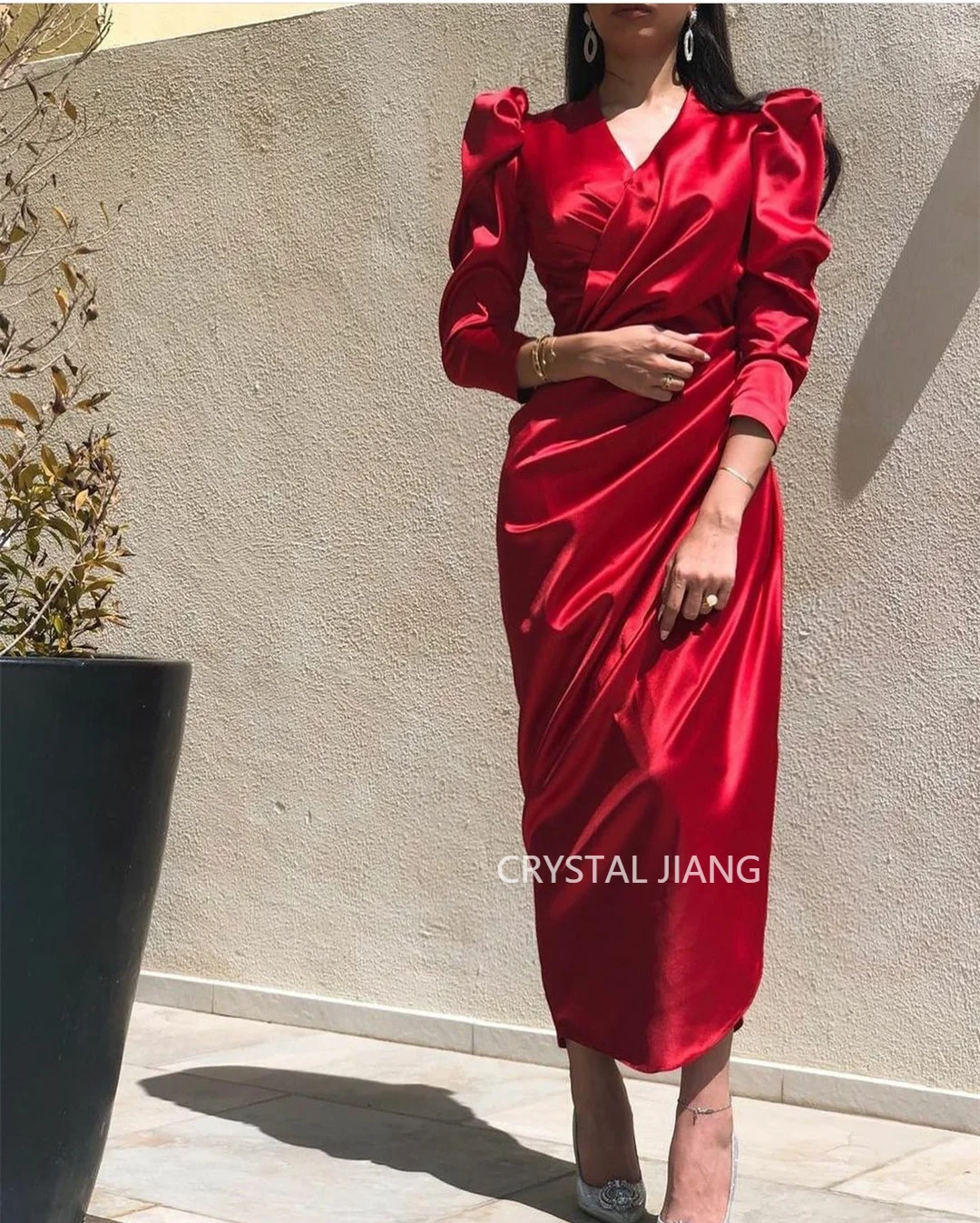 2023 New Arrrival Sexy  Short Red Satin V-Neck Evening Dresses فساتين السهرة  Ankle Length Prom Dress Robe de soirée for Women