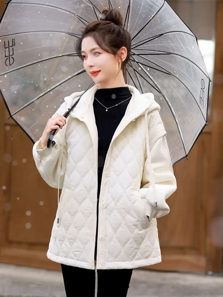 Jackets For Women with Hood Autumn Winter Cotton Padded Jacket Female Fashion Clothing Rhombus Texture Casual Parkas 2024