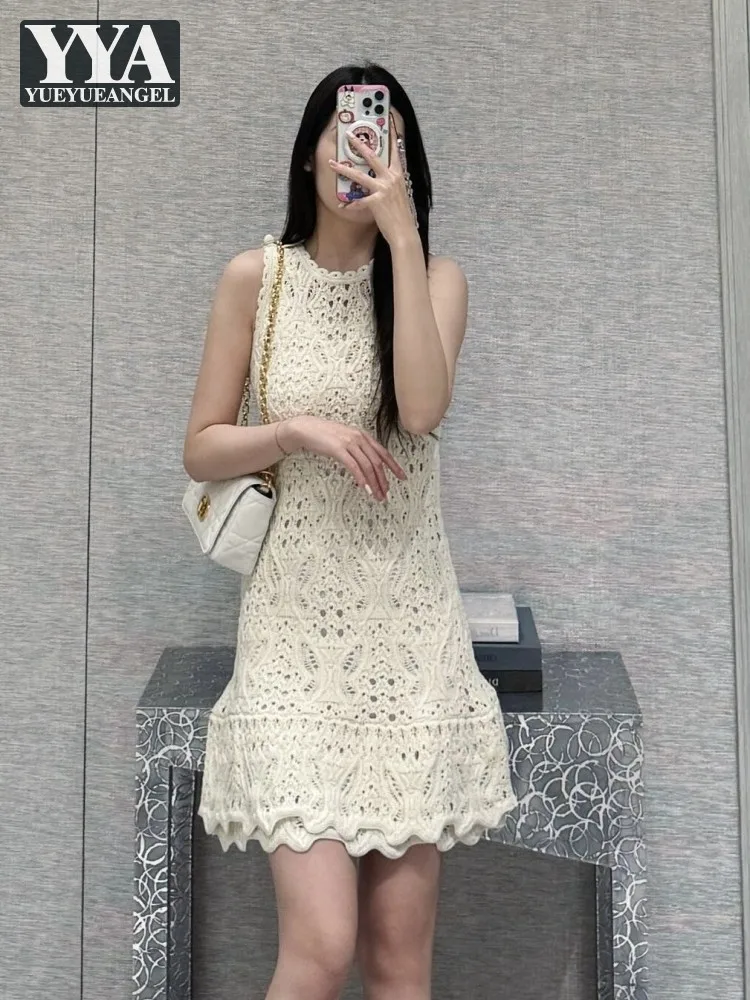 

Summer French Style Floral Crochet Hollow Out Knit Dress Sleeveless O-Neck Sweet Pullover Fashion Above Knee Length Dresses