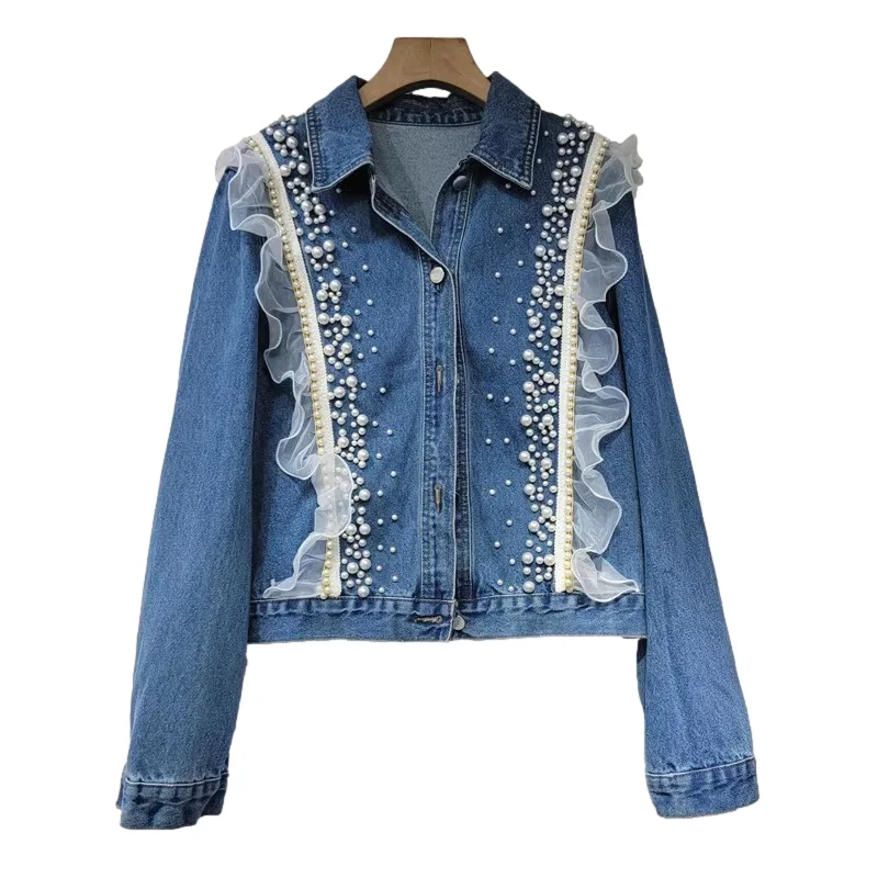 

Тяжелая рабочая джинсовая куртка с кружевом и бисером, женская свободная повседневная короткая ковбойская верхняя одежда, корейская винтажная синяя джинсовая куртка, женская