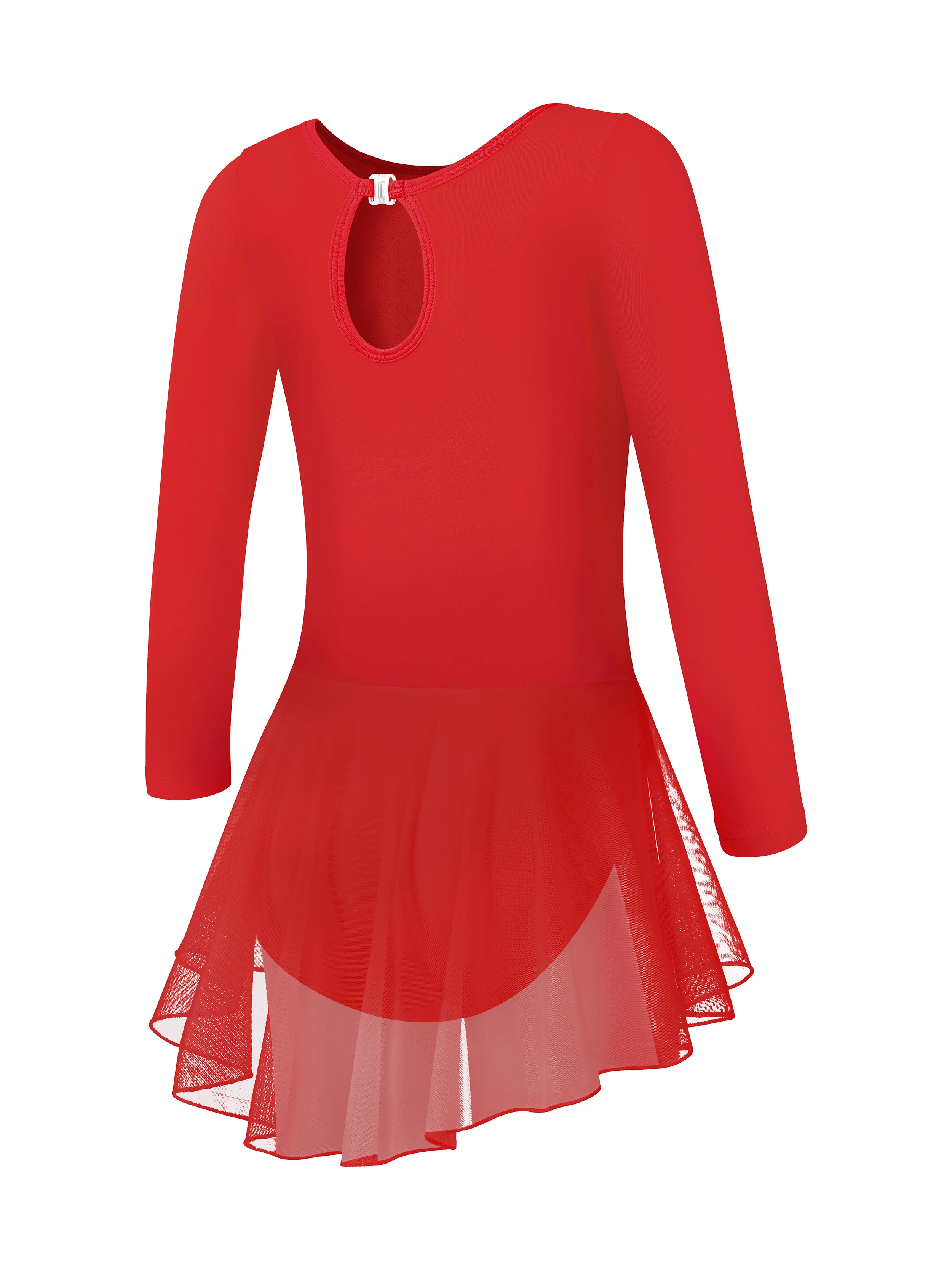 Girls Red Ruffle Sleeve Ballet Leotard with Mesh Hi-Low Skirt Dance Dresses, Water-drop Hollow Back