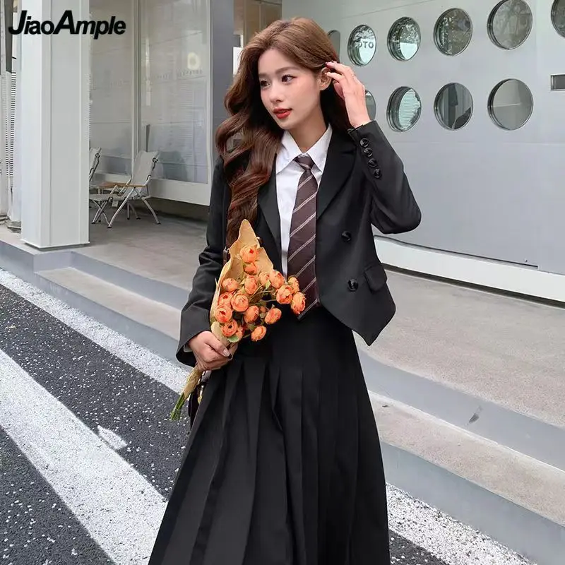 

Women's Spring Autumn Preppy Style Blazers Short Shirts with Tie Skirts 1 or 3 Piece Set Lady Black Jacket Blouse Skirt Outfits