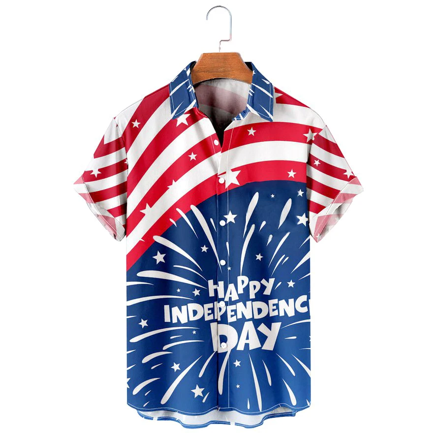 2023 New Large Size Hawaiian Shirt Men\'S American Flag Element Design Trend Lapel Button Top Classic Fashion Short Sleeves Shirt