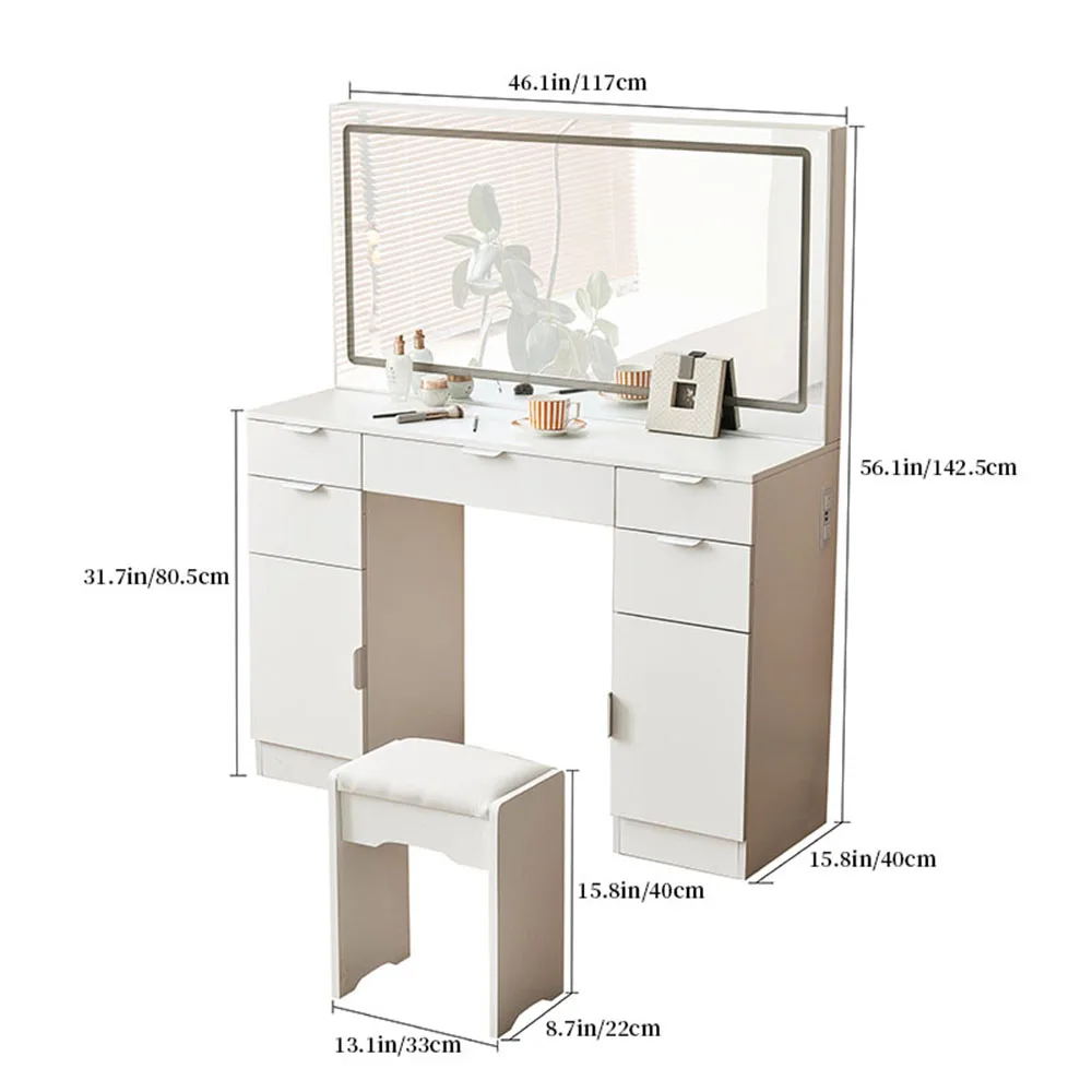 Modern LED Mirror Dressing Table Set with 3 Lighting Modes 5 Drawers and 2 Cabinets Wood Bedroom Furniture