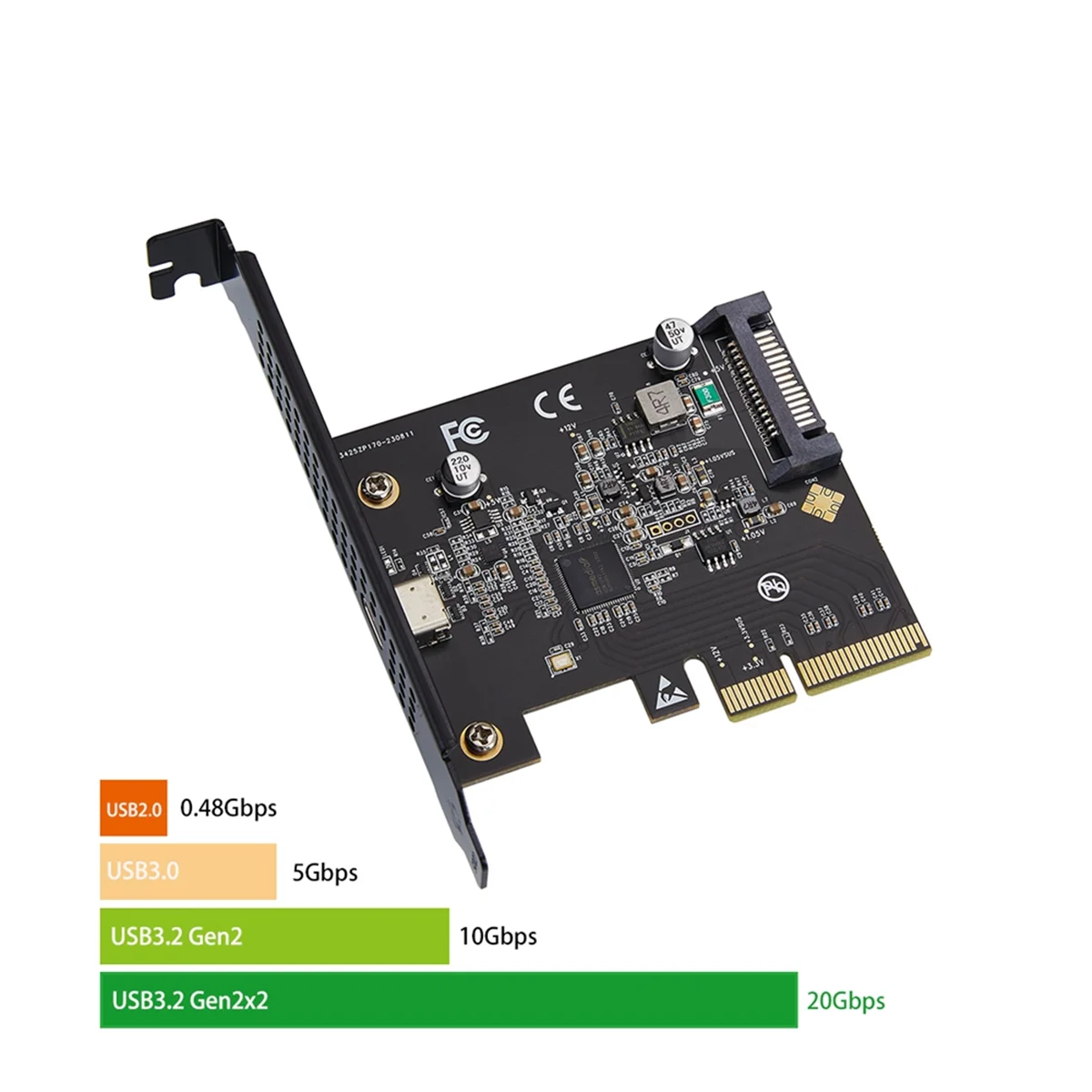 AU32-USB-C 3.2 Gen 2x2 PCI-E Gen 3 X4 Type-C Expansion Card 20Gbps ASMedia ASM3242 Chipset with SATA 15 Pin Power