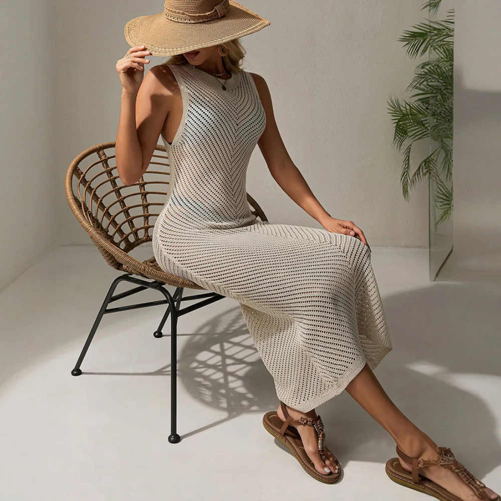 2025 novidades europeias e americanas de verão: vestido de praia transparente com cadarço sexy estilo resort casual vestido longo com gola redonda