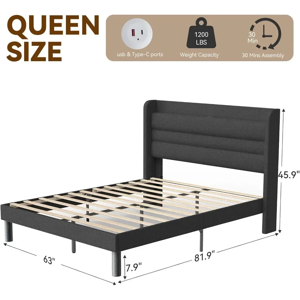 Bed frame with charging station, Type-C, USB, linen bed frame, storage headboard frame, no need for spring mattresses