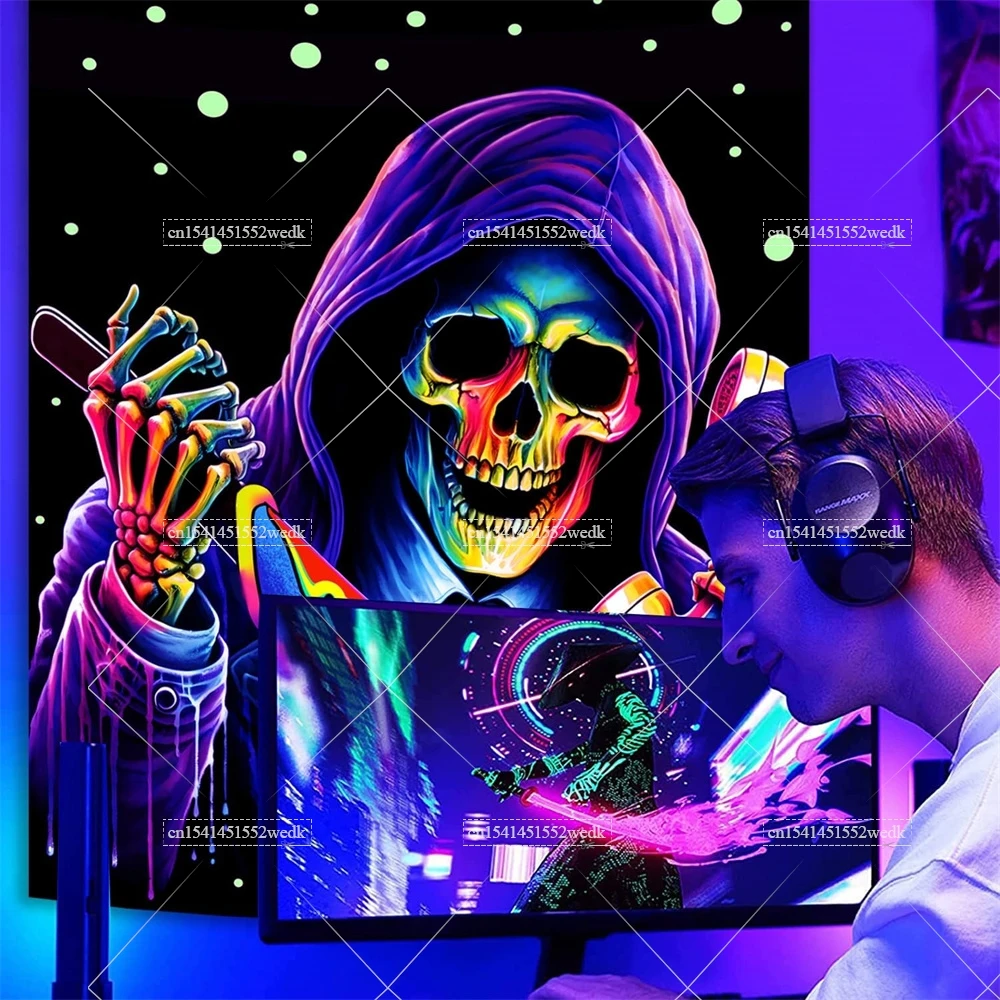 I SAW THAT Ghost Blacklight Tapestry UV Reactive Halloween Skull Black Light Tapestry Neon Wall Art Decor Party Backdrops