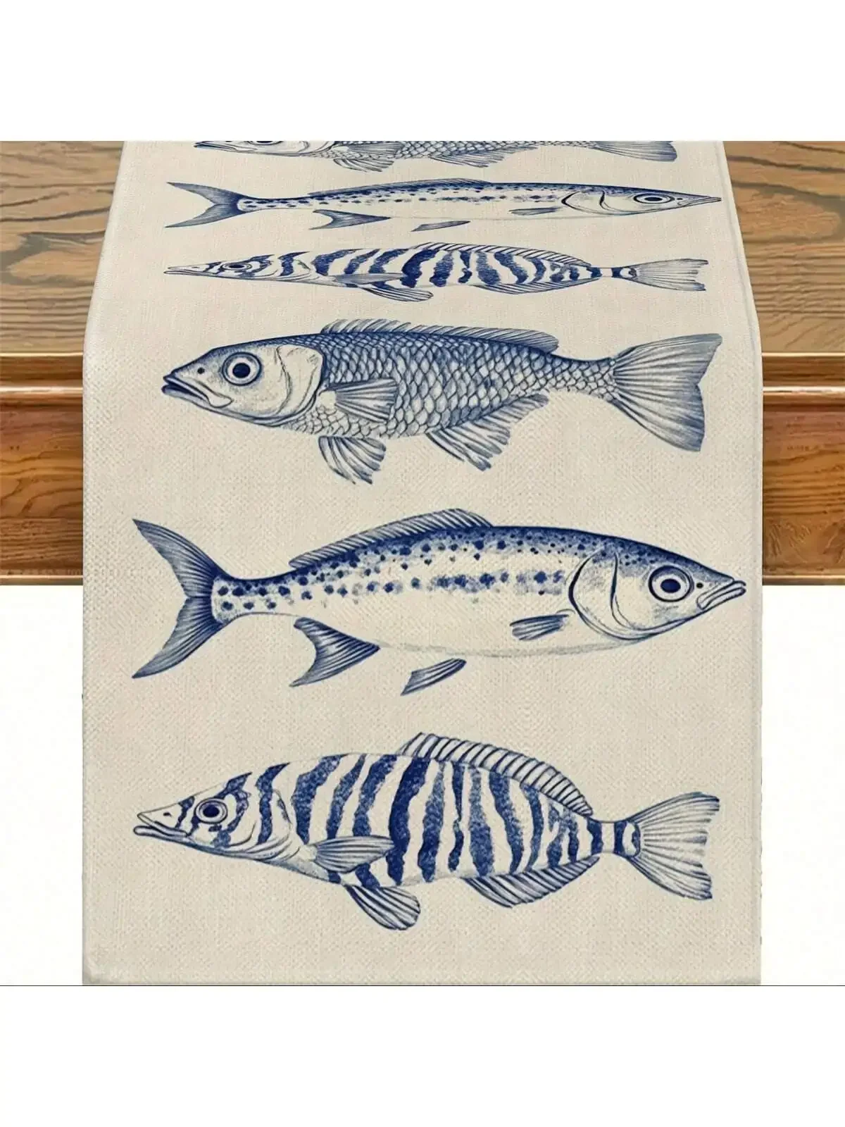 Ocean Theme Table Runner with Bright Sea Fish Pattern Blue and White Stripesd Fish Design for Beach Parties