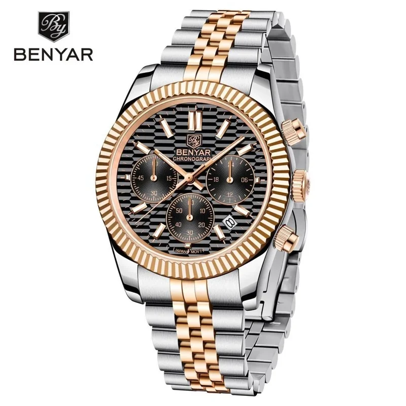 BENYAR For Mens Watch Six Hands Japan Quartz Chronograph Wristwatch Sapphire Crystal Stainless 100m Waterproof Multifunctional 3