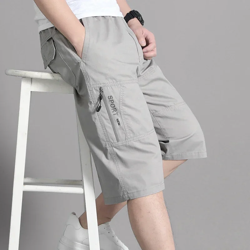 Herren Cargo-Shorts, Kniehose, Reißverschlusstasche, Sommer-Baumwoll-Shorts, Klettern, Jogger, elastische Taille, Sportbekleidung