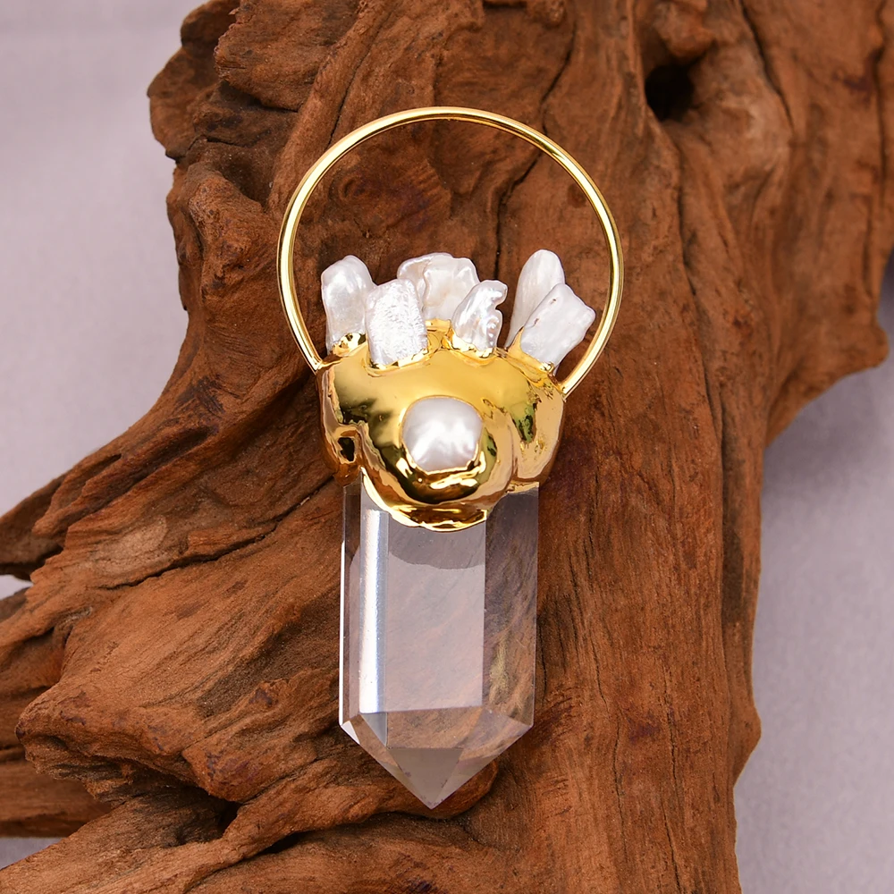 APDGG 1Pc Natural Clear Quartz Point Raw Druzy White Biwa Pearl Charms Gold Edged Pendant Jewelry DIY