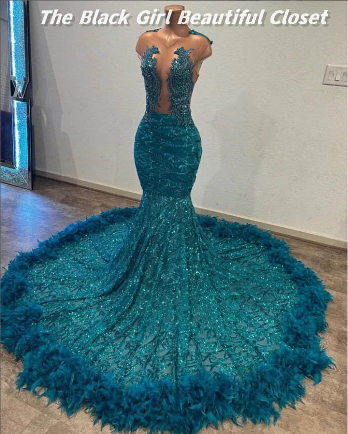 Blue Green Good Expensive Prom Dresses Black Girls Deep V See Through Party Gowns Glitter Pearls Sequins Decorated Gowns