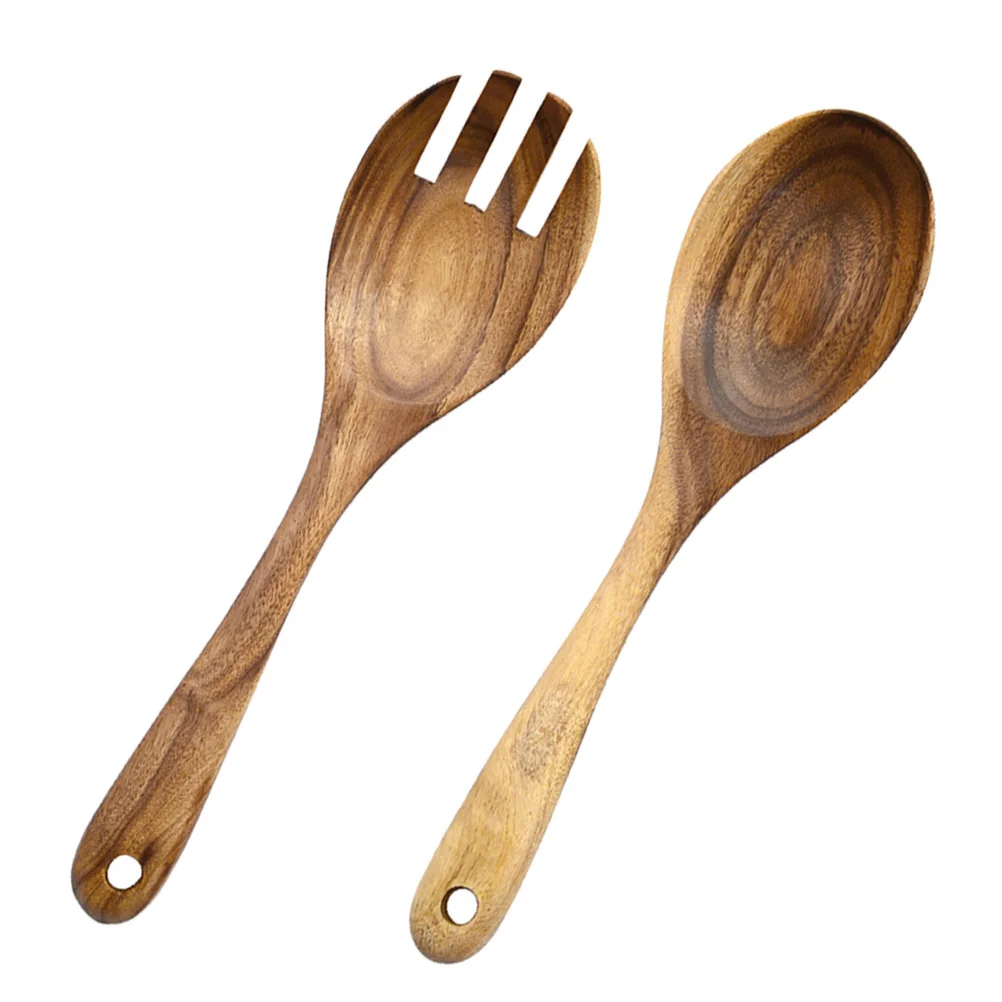 

2pcs Wooden Salad Fork Spoon Set Solid Wood Flatware Natural Dinner Forks For Picnics Fruits School Lunches Salad Servers