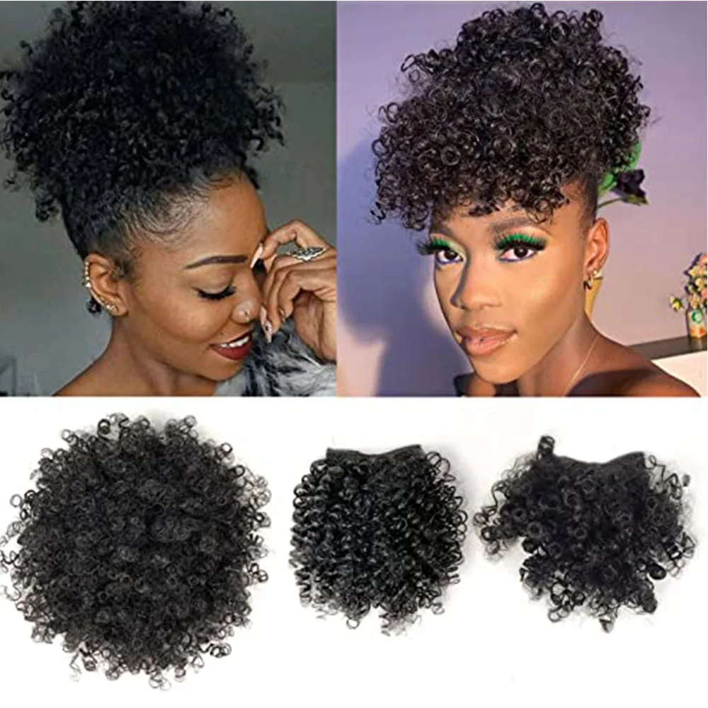 1 set Synthetic Afro Puff Drawstring Ponytail with Bangs Afro High Puff Bun with Replaceable Spring Curl Bangs for Black Women