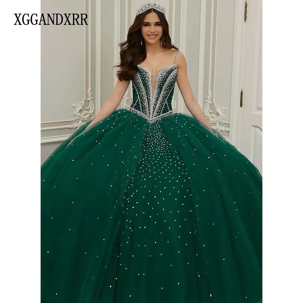 

Emerald Green Ball Gown Quinceanera Dresses Sparkly Beading Crystals Spaghetti Sweet 16 Dress Vestido De 15 Anos Lace-Up