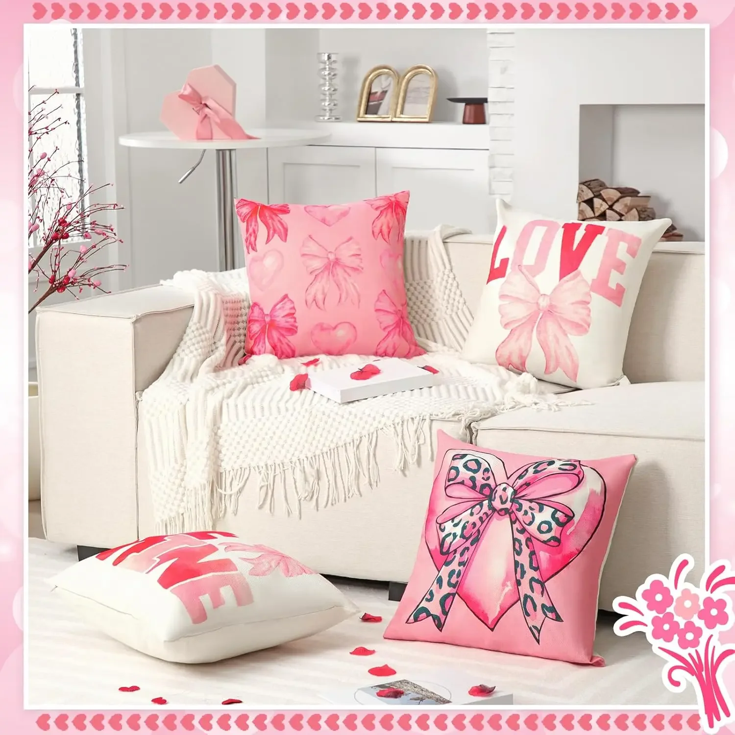 4 Pack Bow Valentine's Day Pillowcase Decorative Pink Bow Heart Pillowcase Less Sofa Bedroom Decor 45X45cm