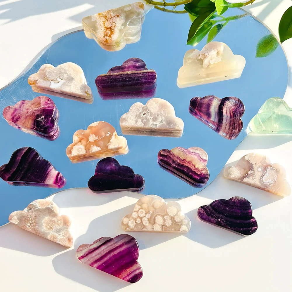 1 قطعة زهرة الكرز الطبيعية عالية الجودة العقيق والعقيق الطحلب والأفينتورين الأخضر والفلوريت سحابة نحت حلية ، هدية شفاء ل
