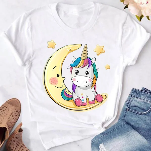 Women's Fashion Printed Unicorn Print T-shirts Summer Casual Loose Round Neck Creative Personalized T-shirts