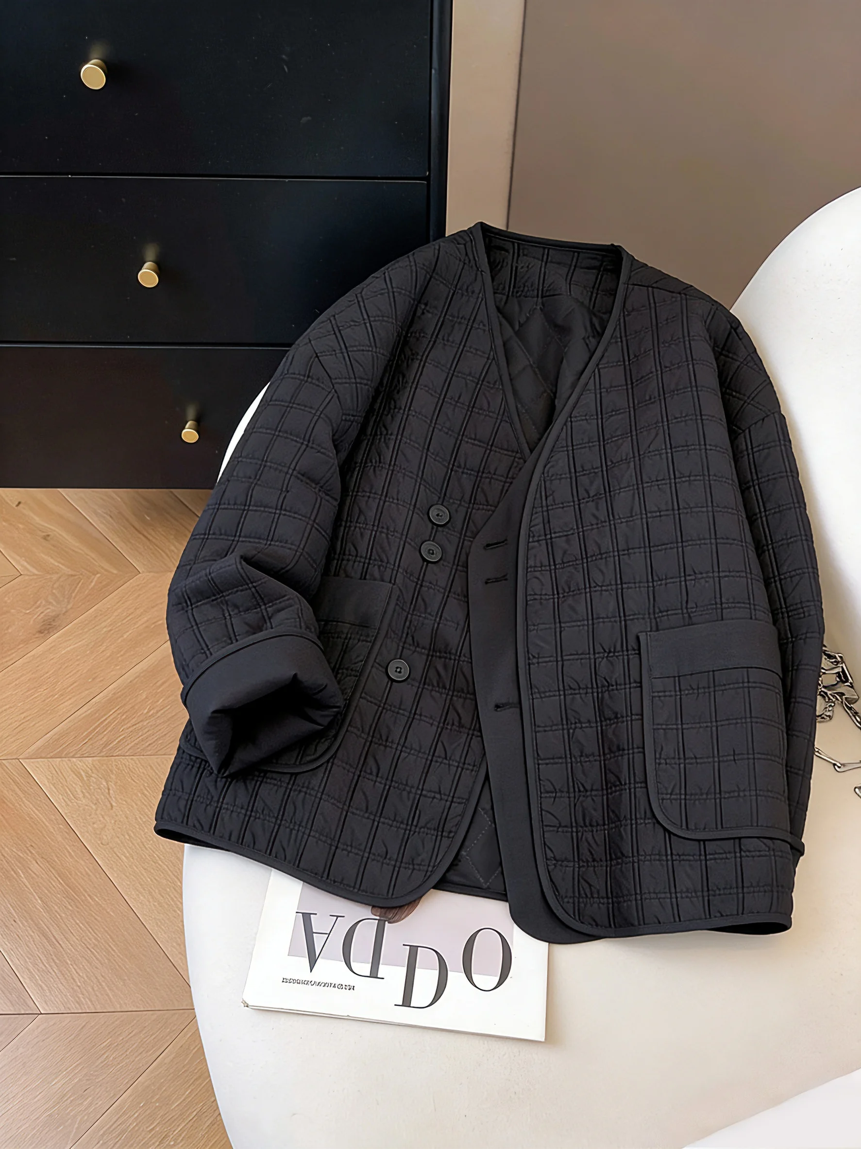 

Ele Bla V-Ne Quilted Cotton Jaet Women's Autumn Winter Faionable Versatile Loose Warm Cotton Clothes