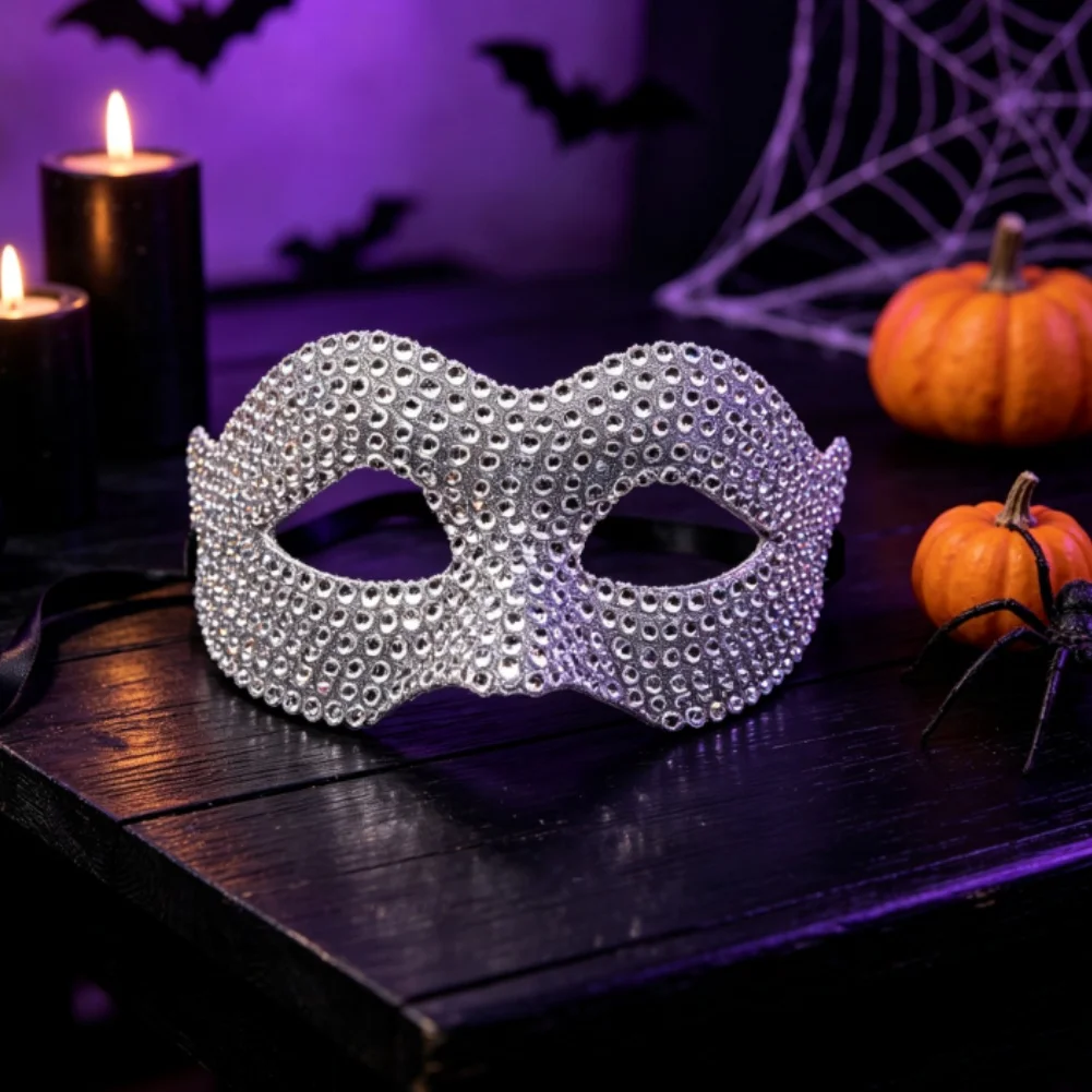 Silver Rhinestone Half Glitter Plastic Eye For Halloween Masquerade Costume Party Fun Accessories 17x8.5cm Silver