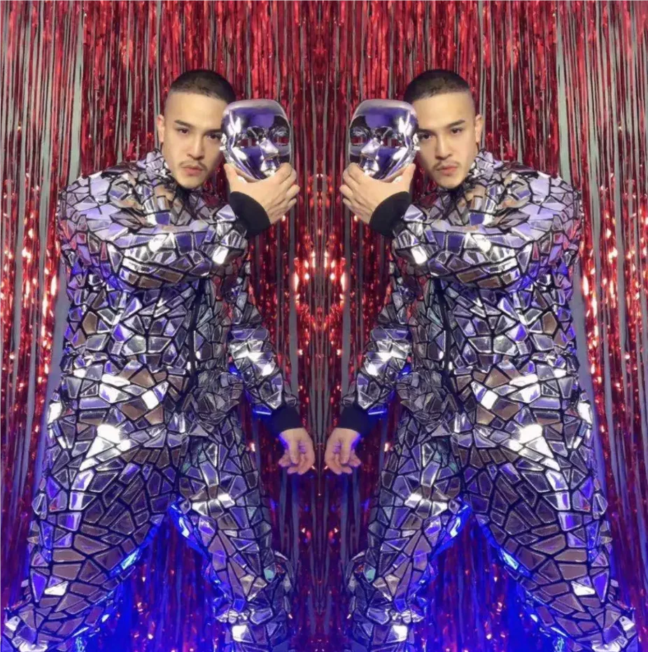 

New Reflective Laser Silver Sequins Jumpsuit Overalls Men Singer Bar Nightclub Hip Hop Rock Dance Costume Dancer Band Stage Wear