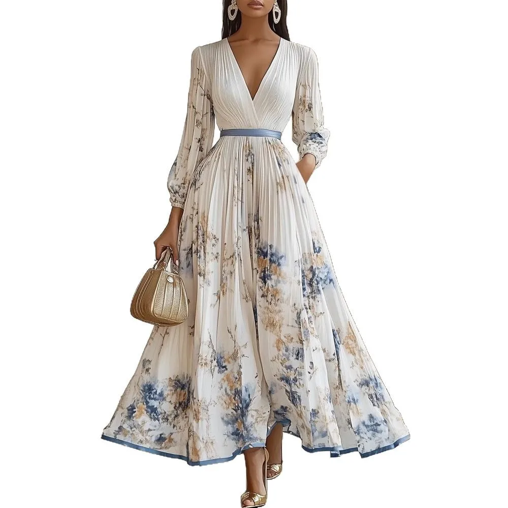 2025 Spring Long Sleeve Boho Maxi Dress Woman Elegant Floral Print A-Line Pleated Dresses Sexy Deep V Neck High Waist Long Dress