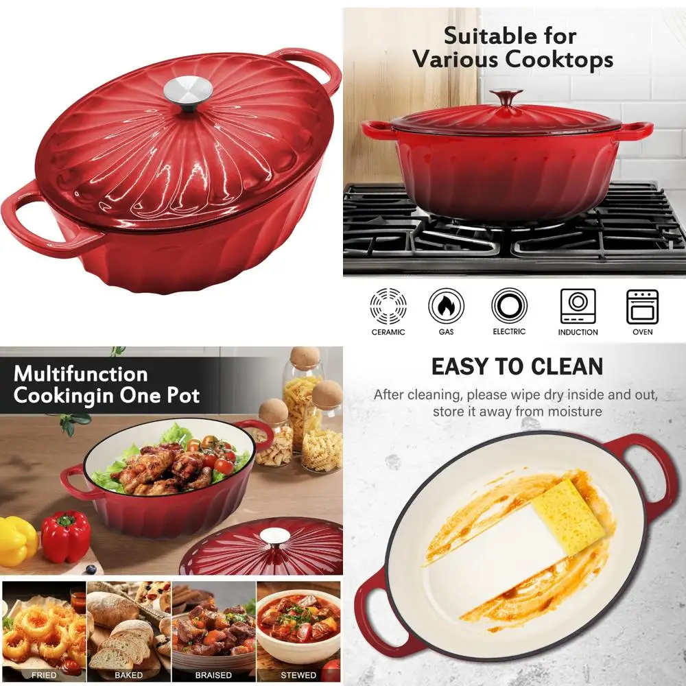 

Non-stick 7 Quart Cast Iron Dutch Oven Pot with Lid, Dual Handles for Cooking, Baking Bread, Frying, and More