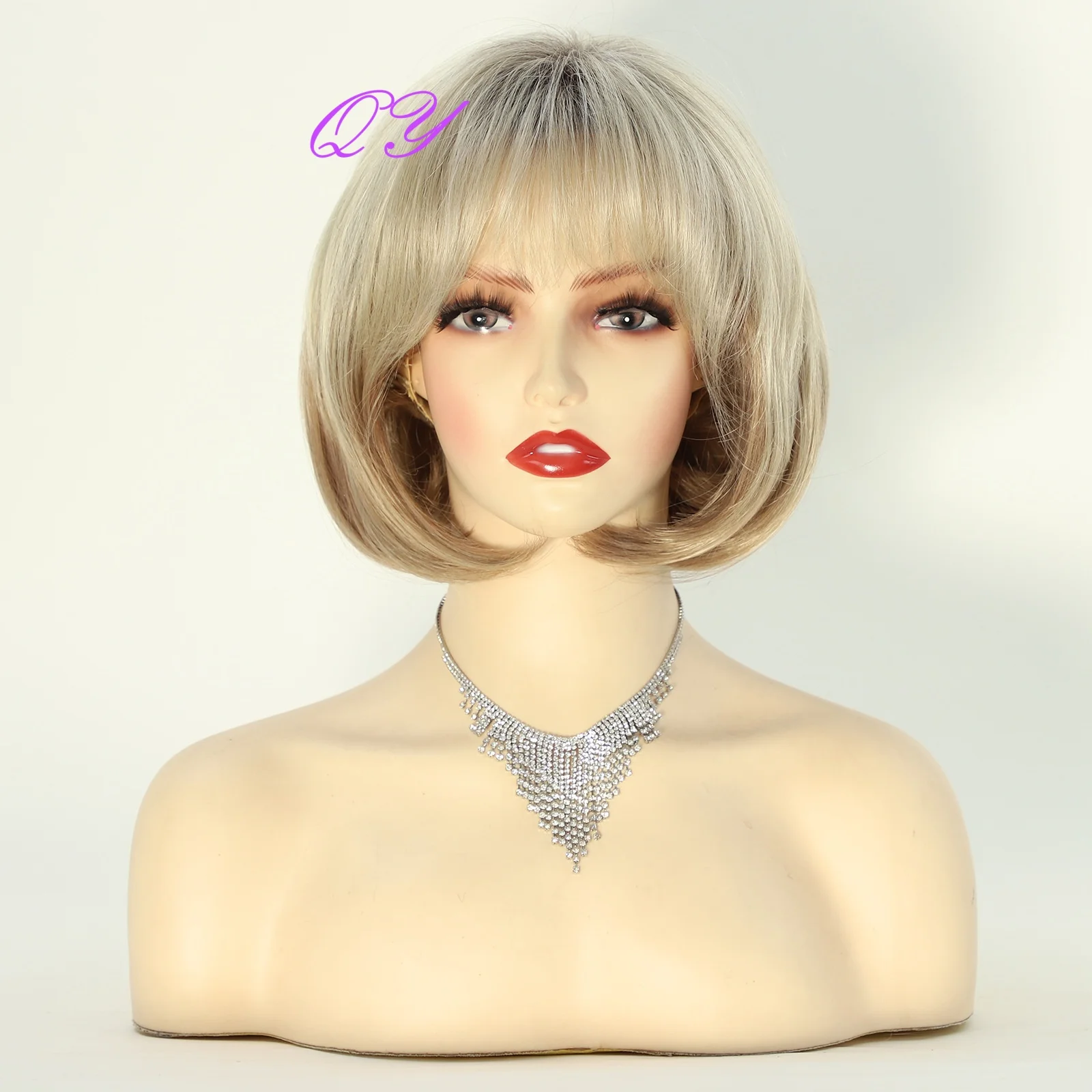 

Synthetic 10 Inch Bob Natural Straight Short Women Wig Ombre Blonde Hair High Quality Female With Bangs Hair Wigs