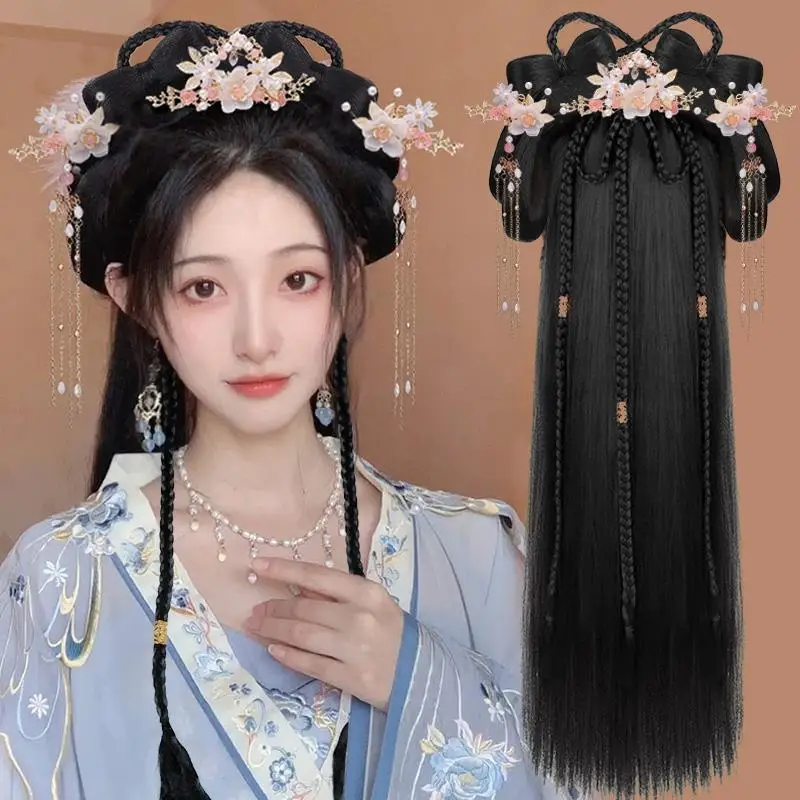 Ensemble de cheveux Hanfu : bandeau tout-en-un avec chignon rembourré, perruque Hanfu pour fille paresseuse : chignon pré-style + perruque de cosplay avec anneau de cheveux