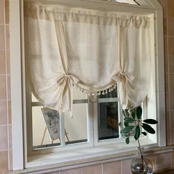 Nordic linen beige crochet half curtain kitchen cabinet coffee curtain small window rod pocket short curtain pull curtain blacko